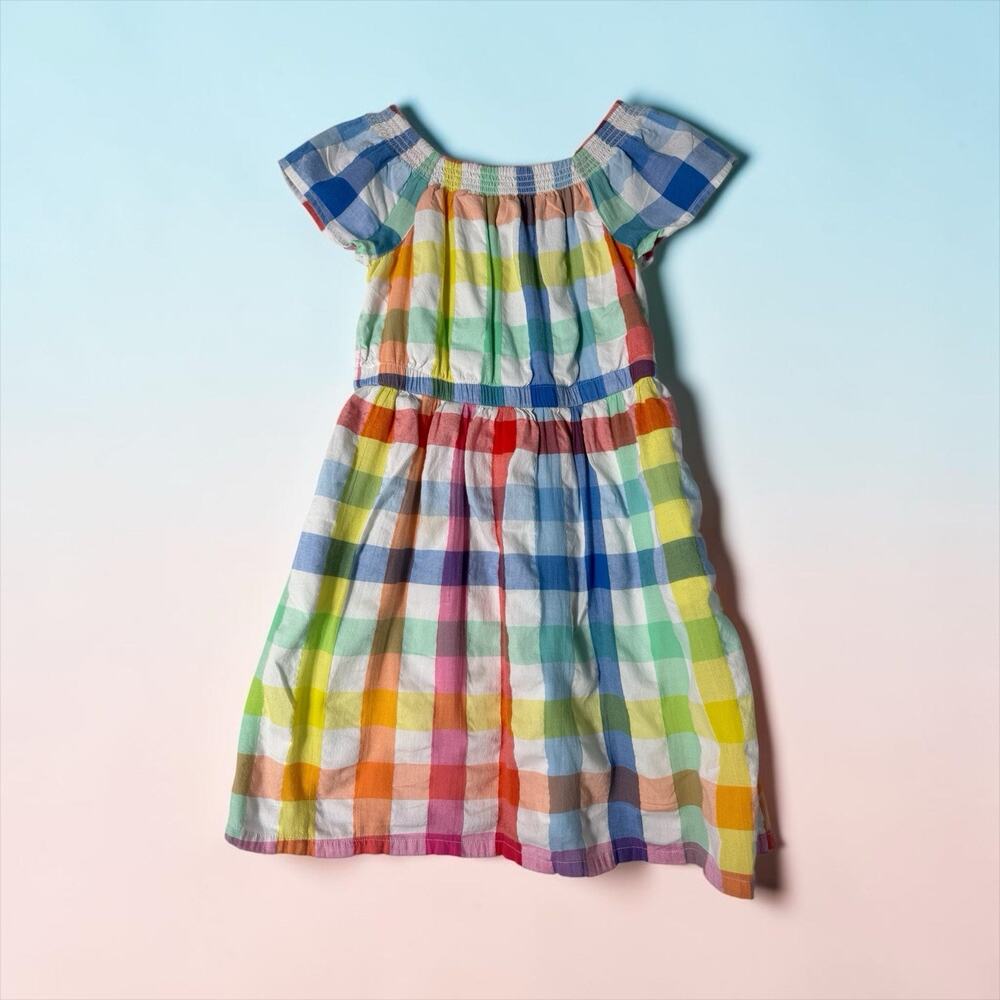 Primary Girls Plaid Dress Flutter Sleeves Colorful Rainbow Size 8-9 Gingham